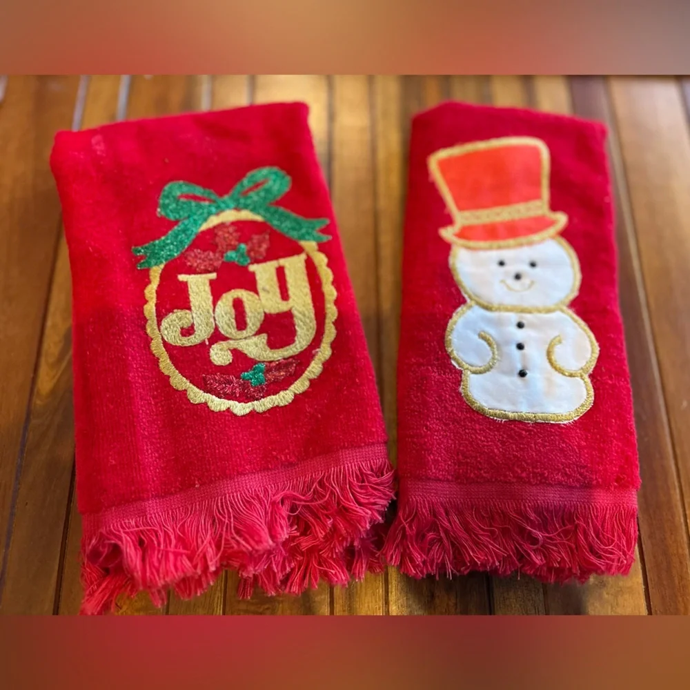 Cannon Christmas Hand Towels Red Green Fringe Joy Snowman Vintage Set Of 2 USA